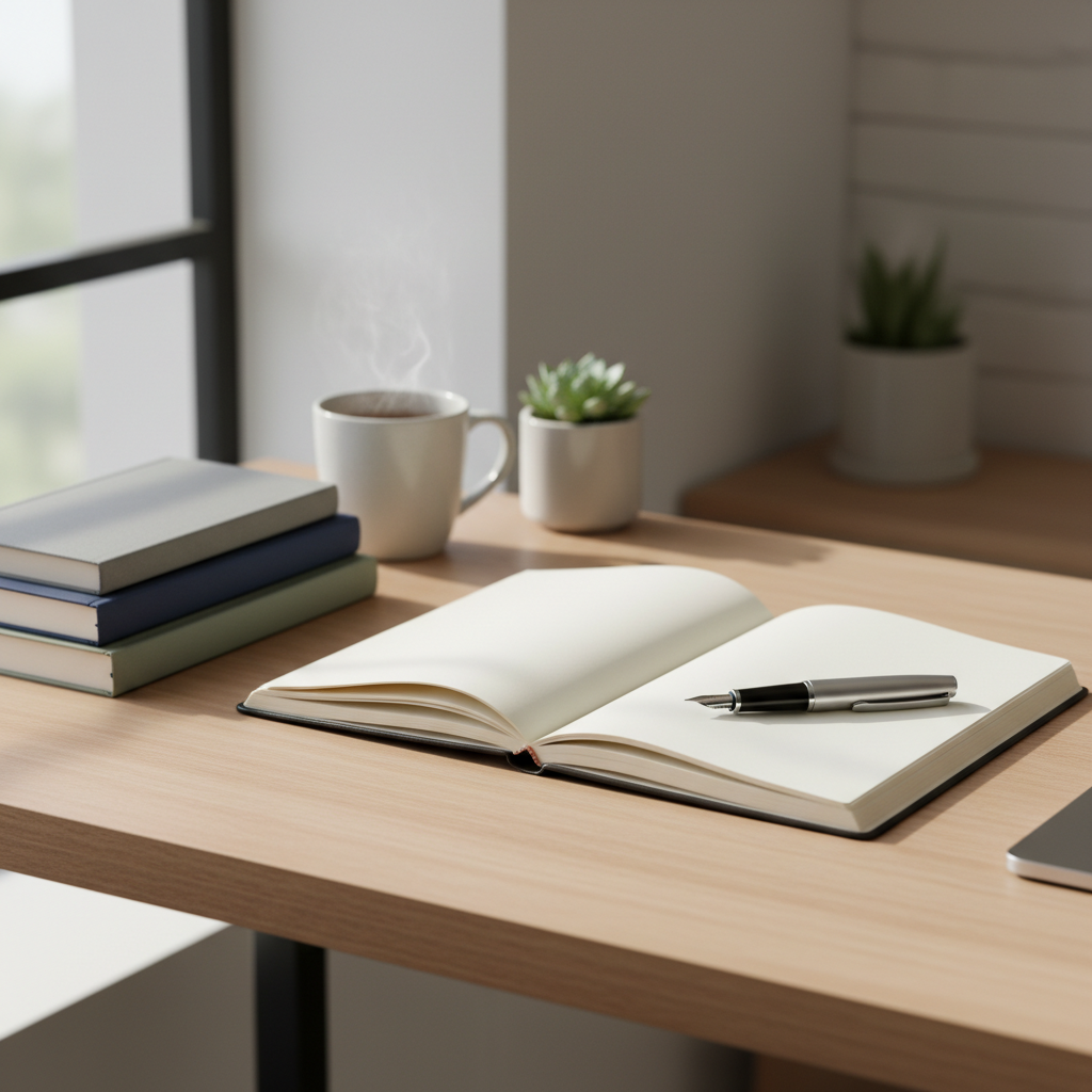 Escritorio limpio con un cuaderno abierto y una pluma, simbolizando reflexión y aprendizaje.