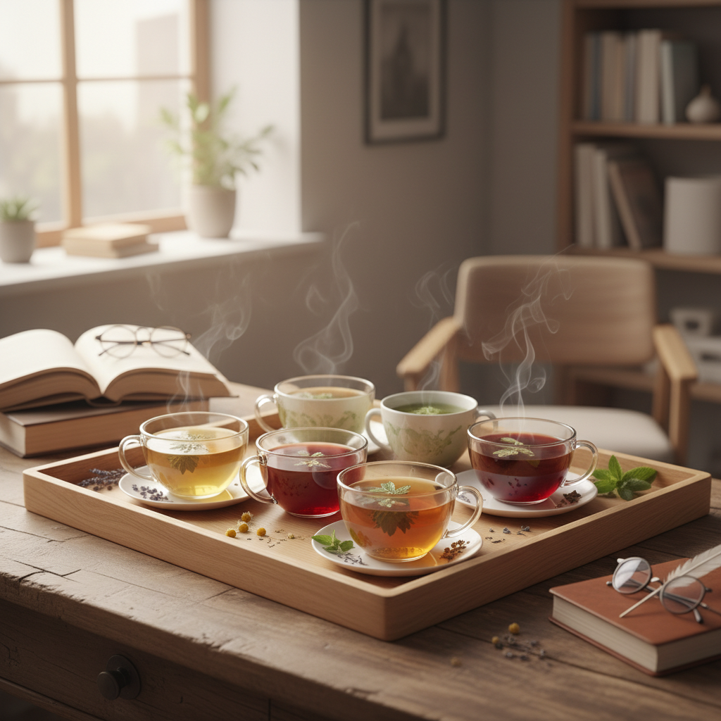 Varias tazas de té de hierbas en una bandeja de madera, simbolizando el estudio y la relajación.