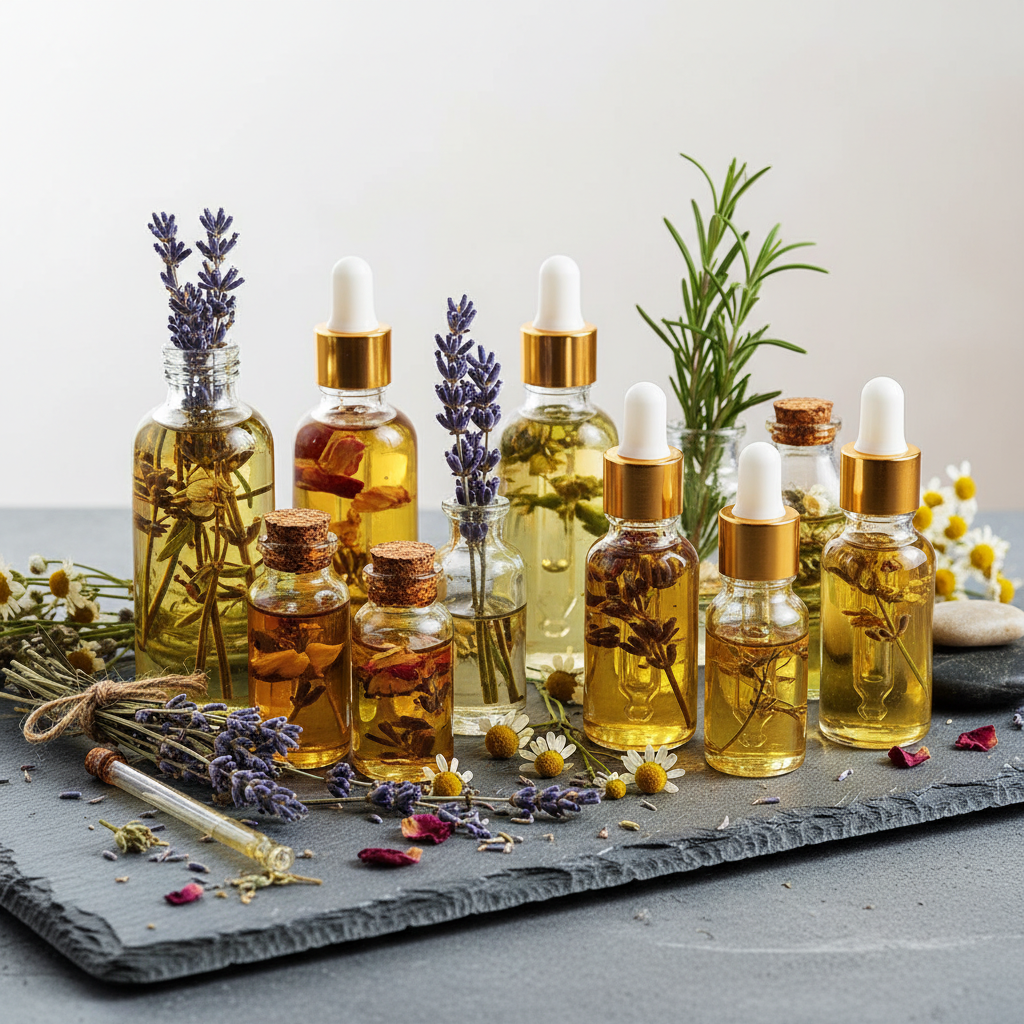Botellas de vidrio con aceites esenciales y hierbas secas sobre una superficie de piedra, simbolizando el cuidado natural y la aromaterapia.