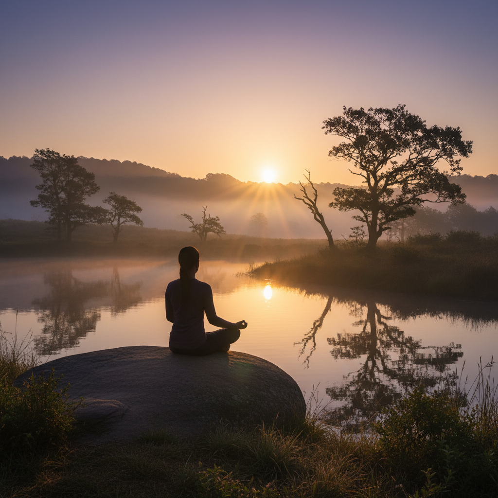 Silueta de persona en posición de meditación al amanecer en un paisaje natural tranquilo, representando serenidad y conexión con la naturaleza.