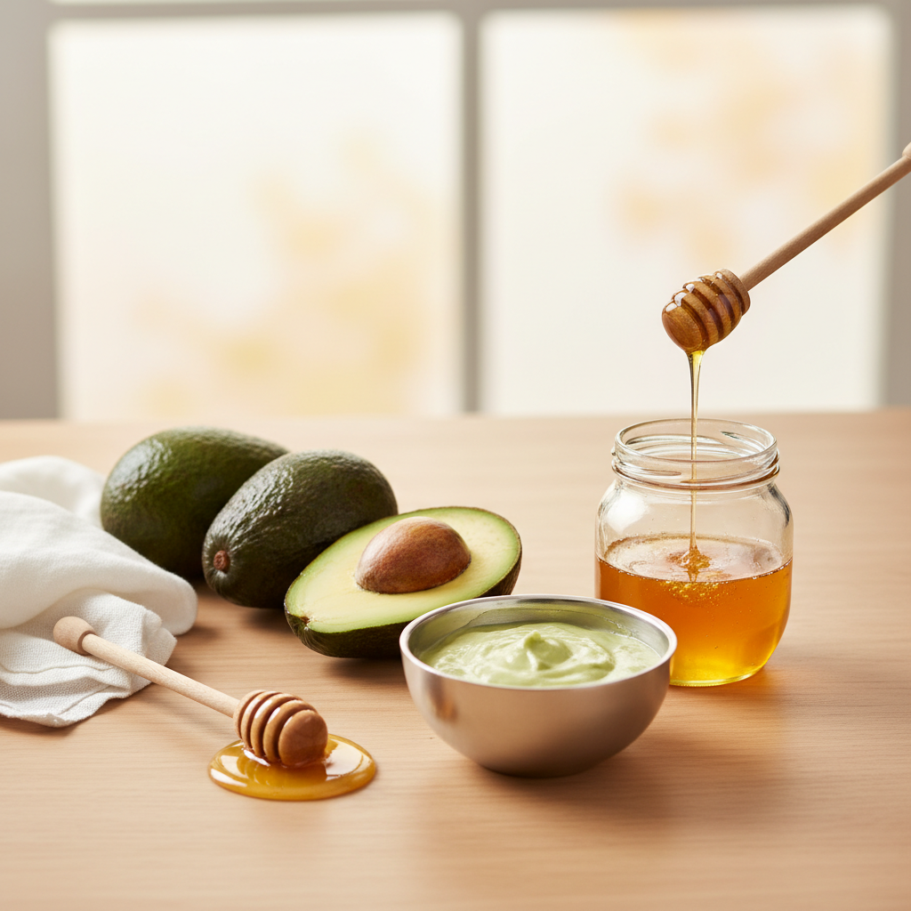 Ingredientes frescos como aguacate y miel para mascarillas caseras.