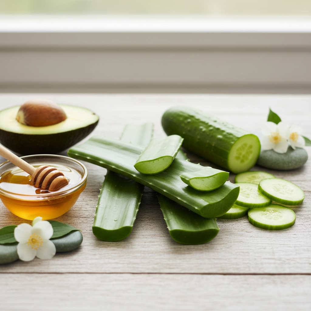 Hojas de aloe vera y pepino, resaltando sus propiedades naturales.