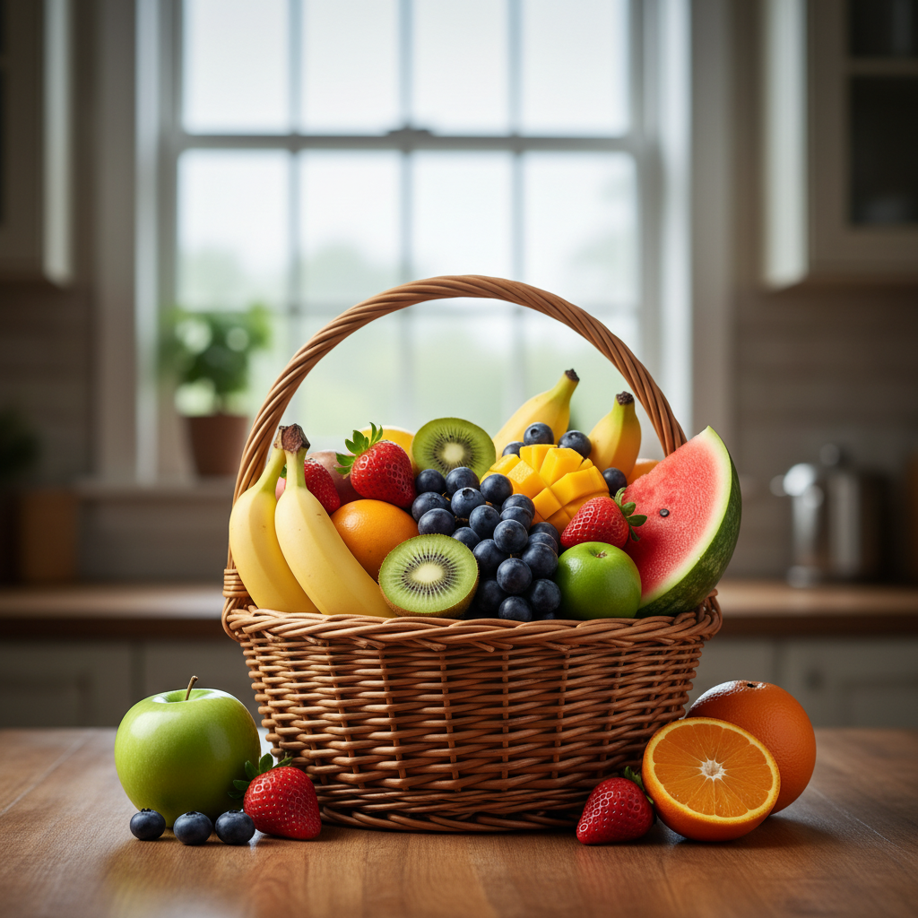 Variedad de frutas frescas y vibrantes en una canasta de mimbre, representando la nutrición natural.