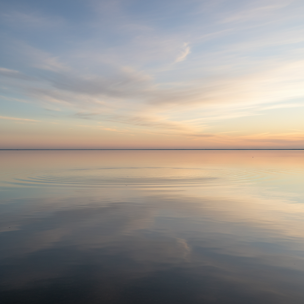 Superficie de agua tranquila reflejando el cielo, simbolizando calma y paz mental.